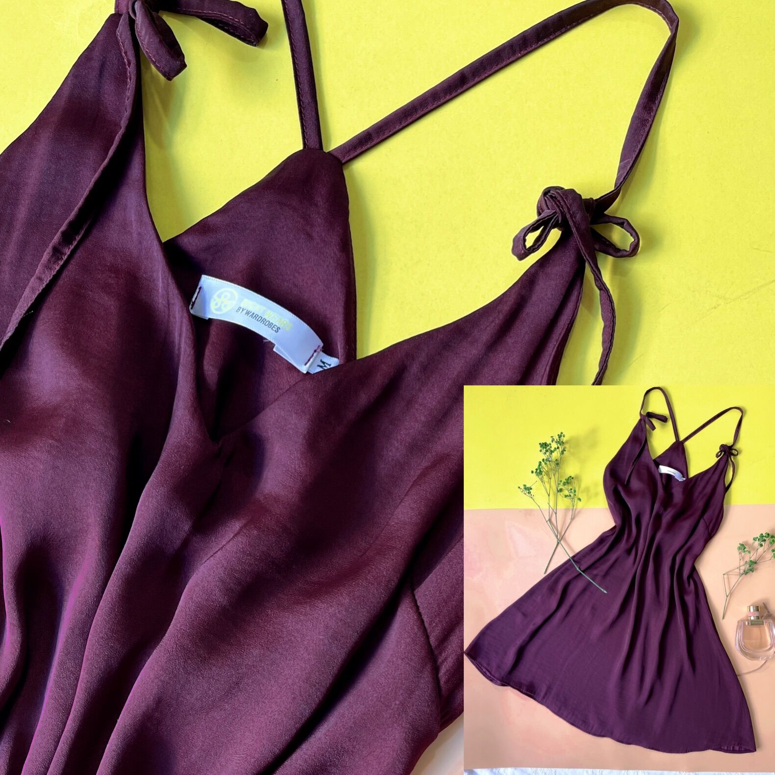 Đầm lụa ngắn mặc nhà 2 dây yếm cổ sau Infashion