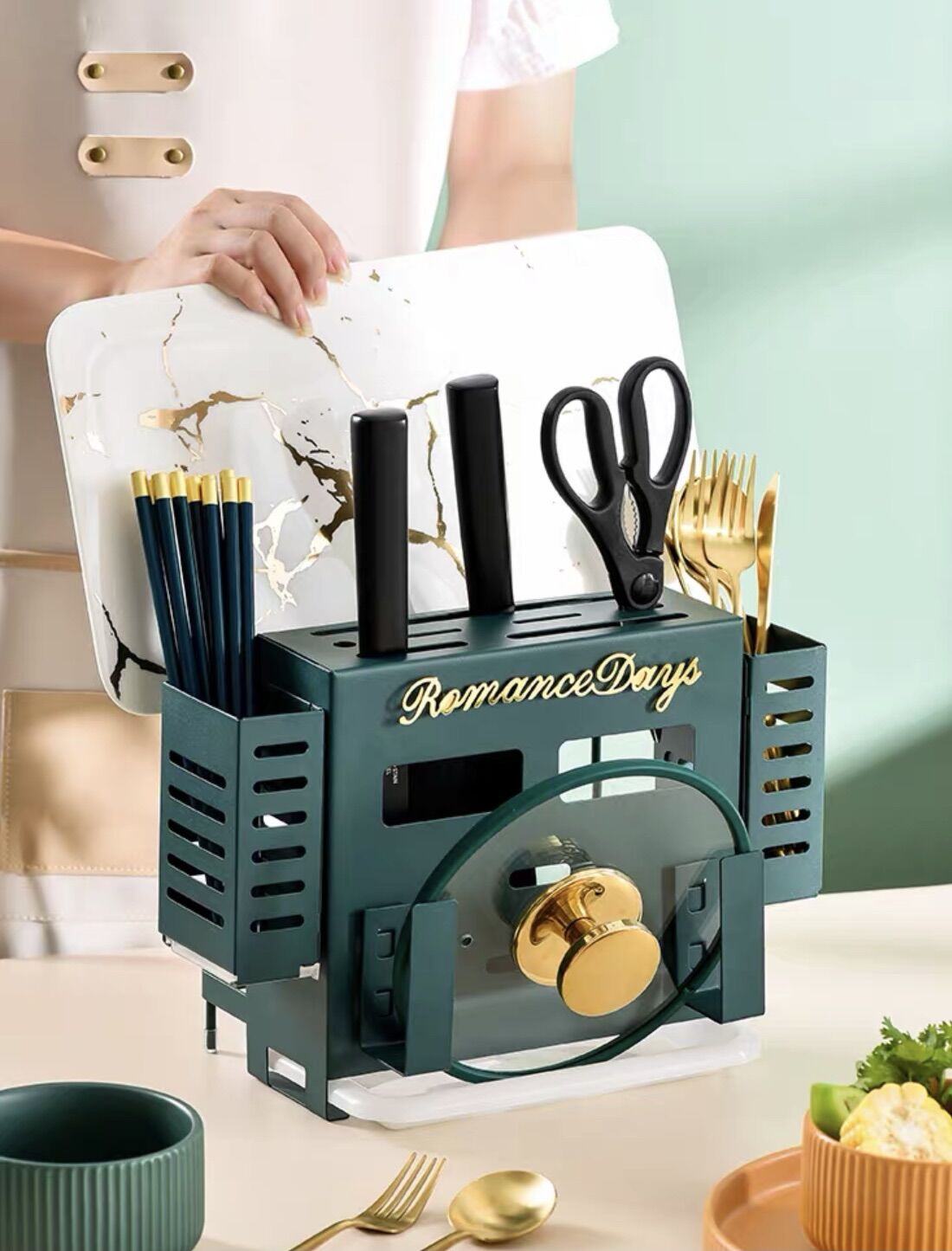 Kệ cắm dao thớt inox sơn tĩnh điện màu xanh cổ vịt phong cách hiện đại sang trọng mẫu mới 2021