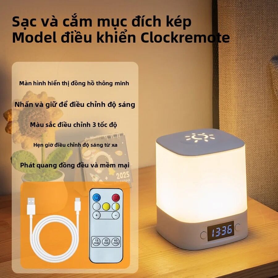 Đèn Ngủ LED Sạc Lại Được Với Màn Hình Hiển Thị Thời Gian Điều Khiển Từ Xa Đèn Bàn Đầu Giường Phòng Ngủ Cho Bé Đọc Sách