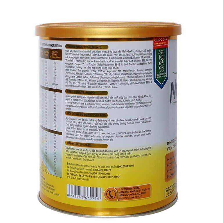 Sữa bột Nutricare Gastro / Sữa cho người đau dạ dày / Nutricare . Lon:900g . Dành cho người viêm loét dạ dày . Đau dạ dày