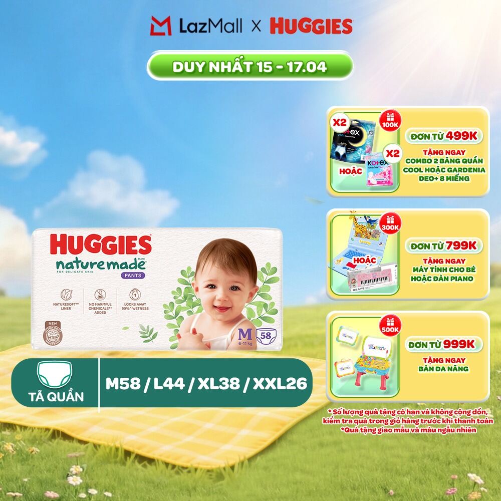 Tã/Bỉm quần Huggies NatureMade M58/ L44/ XL38/ XXL26/ XXXL28