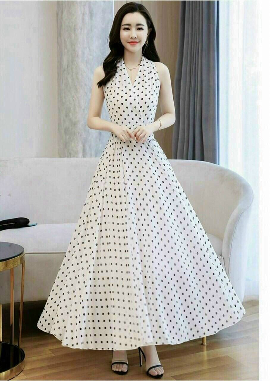 (Video thật) Đầm Maxi Lụa Chấm Bi Cổ V duyên dáng xinh