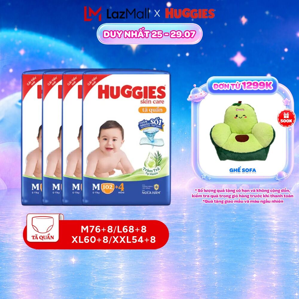 Combo 4 Tã/bỉm quần Huggies Skin Care Mega Jumbo M102/L100/XL84/XXL76 +4 miếng với tràm trà dịu da