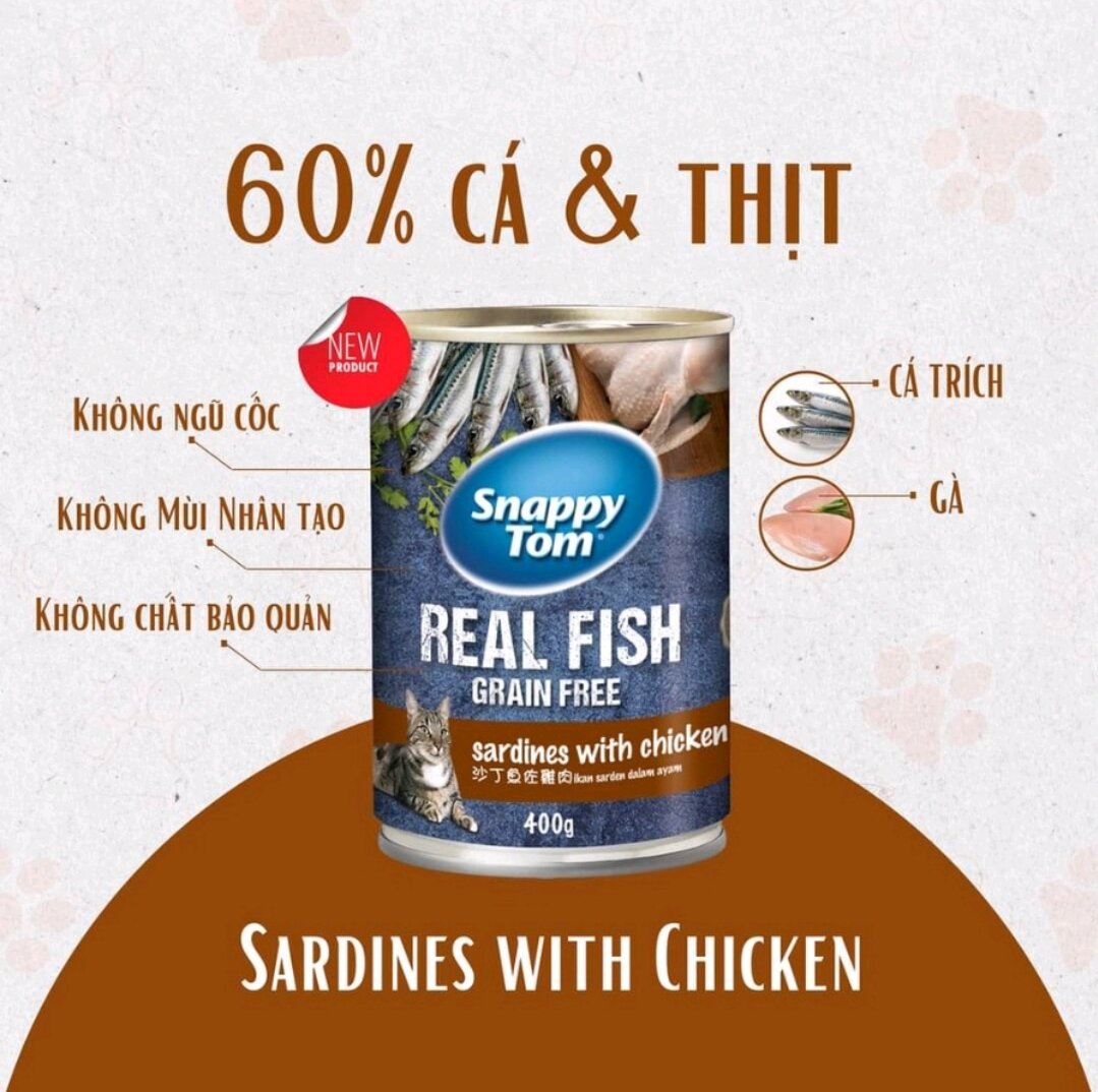 Pate SNAPPY TOM  Real Fish lon 400g-Pate cho mèo