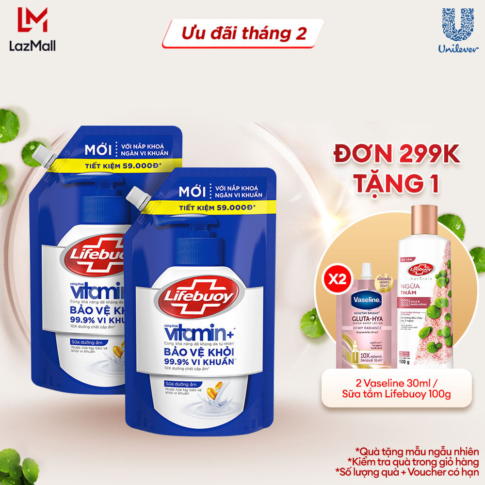 Combo 2 Nước Rửa Tay Lifebuoy Công thức Vitamin+ Sữa Dưỡng Ẩm Túi 1KG