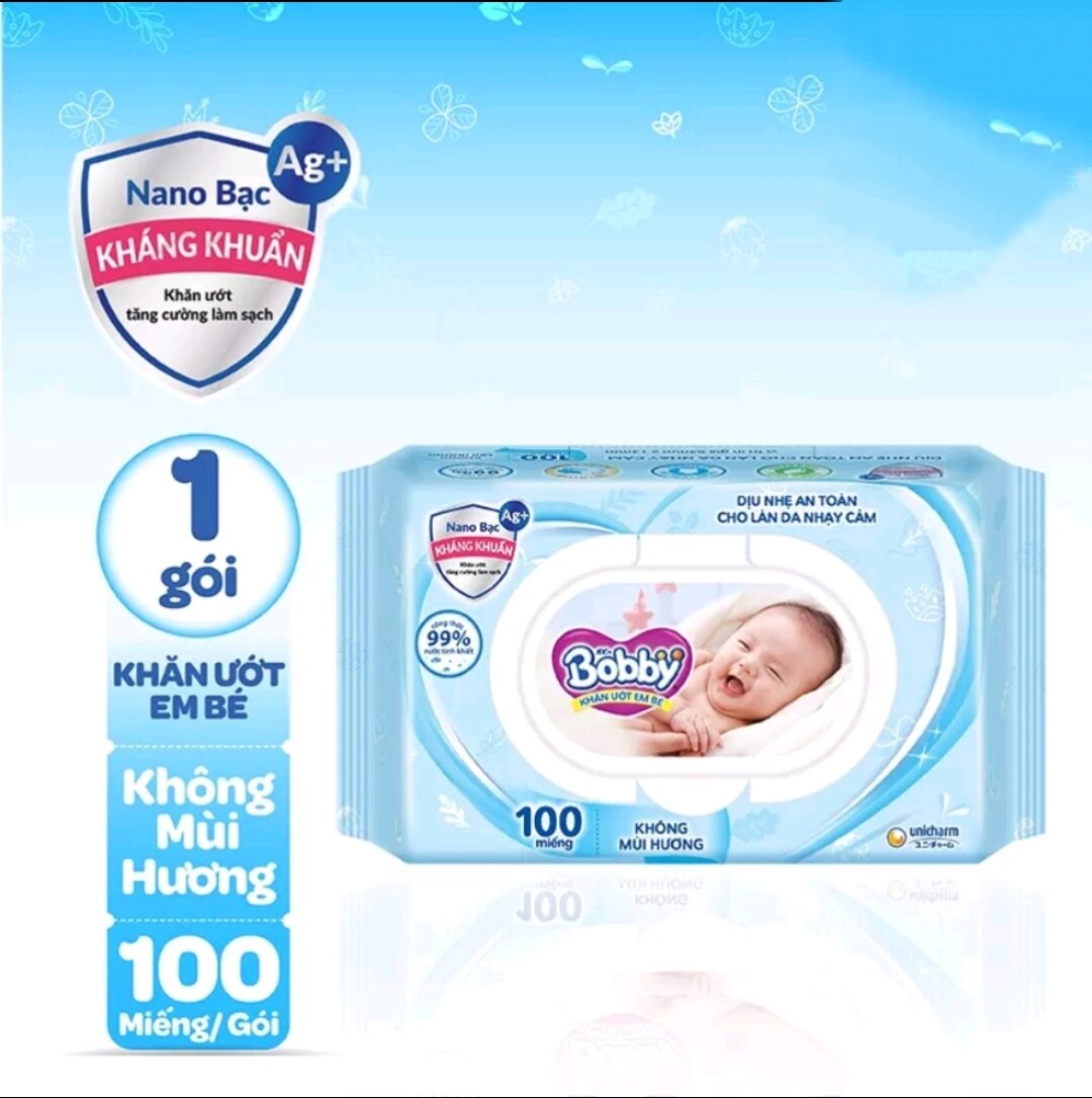 Khăn Ướt Bobby Care Không Mùi - 100 tờ/gói (Xanh)