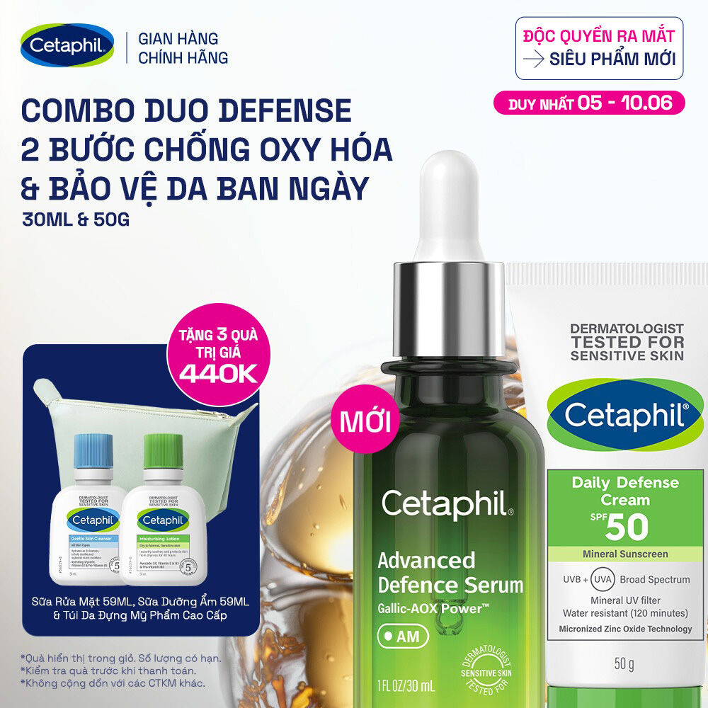 Combo Serum Tinh chất bảo vệ dưỡng da Cetaphil Advanced Defence 30ml và Kem chống nắng dưỡng ẩm 2in1 cho da thiên dầu nhạy cảm Cetaphil Daily Defense Cream SPF50 50G