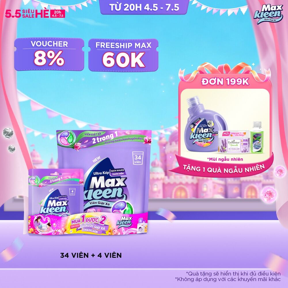 [TĂNG 4 VIÊN, GIÁ KHÔNG ĐỔI] Túi Viên Giặt Xả MaxKleen Hương Nước Hoa Huyền Diệu (Túi 34+4 Viên)