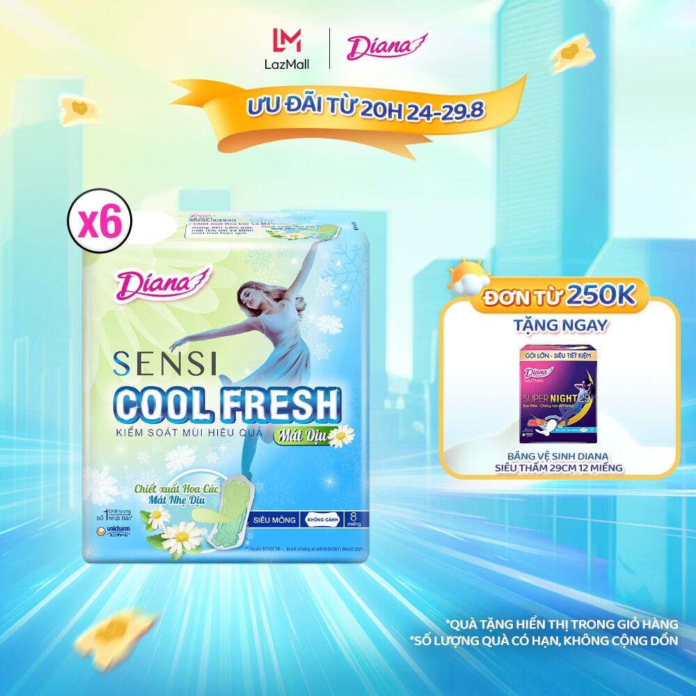 Combo 6 băng vệ sinh diana sensi cool fresh mát dịu siêu mỏng không cánh gói 8 miếng