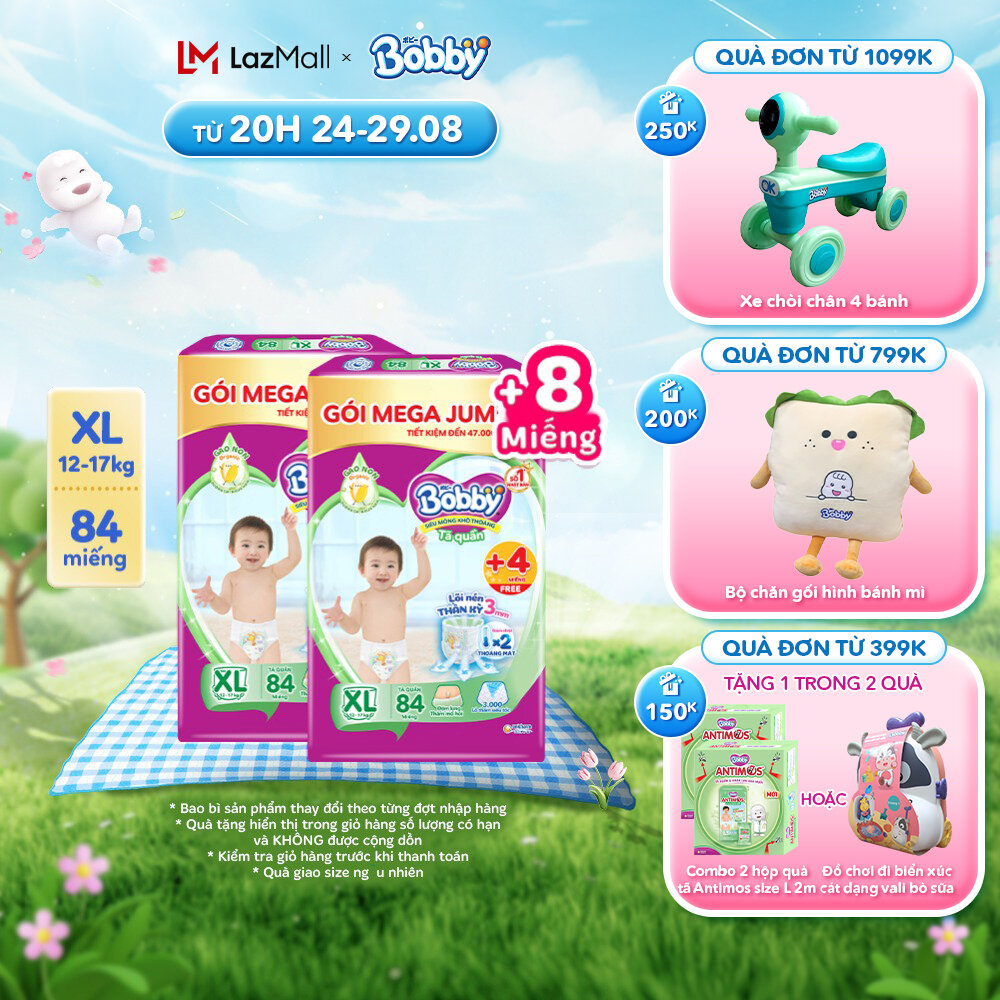 Combo 2 tã/bỉm quần bobby 3mm gạo non xl84