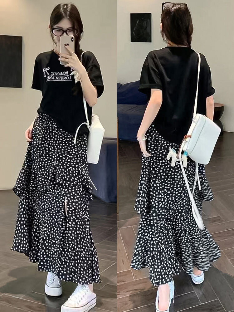 YIFANSHI | Chân Váy A-Line Cao Waisted Co Dãn In Hình Retro Ditsy Có Khe Bên