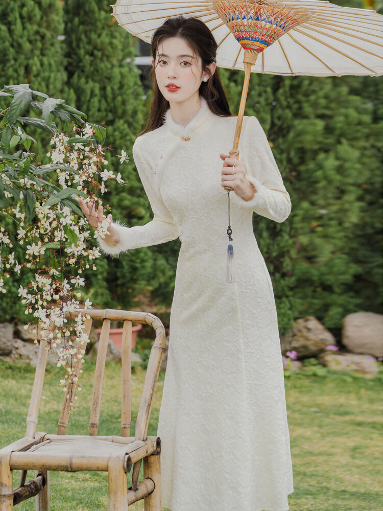 Thanh Lịch Retro Trung Quốc Sườn Xám Phong Cách Trẻ Trung Thon Gọn Đẹp Bé Gái Phong Cách Quốc Gia Mặc Hàng Ngày Mùa Thu Mùa Đông Cotton, Vải Bông Tay Dài