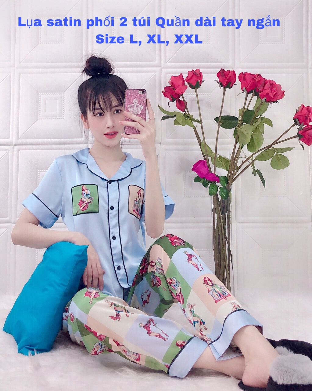 Sale 120k_ bộ lụa satin phối qdtn họa tiết xinh xắn_big size 2xl