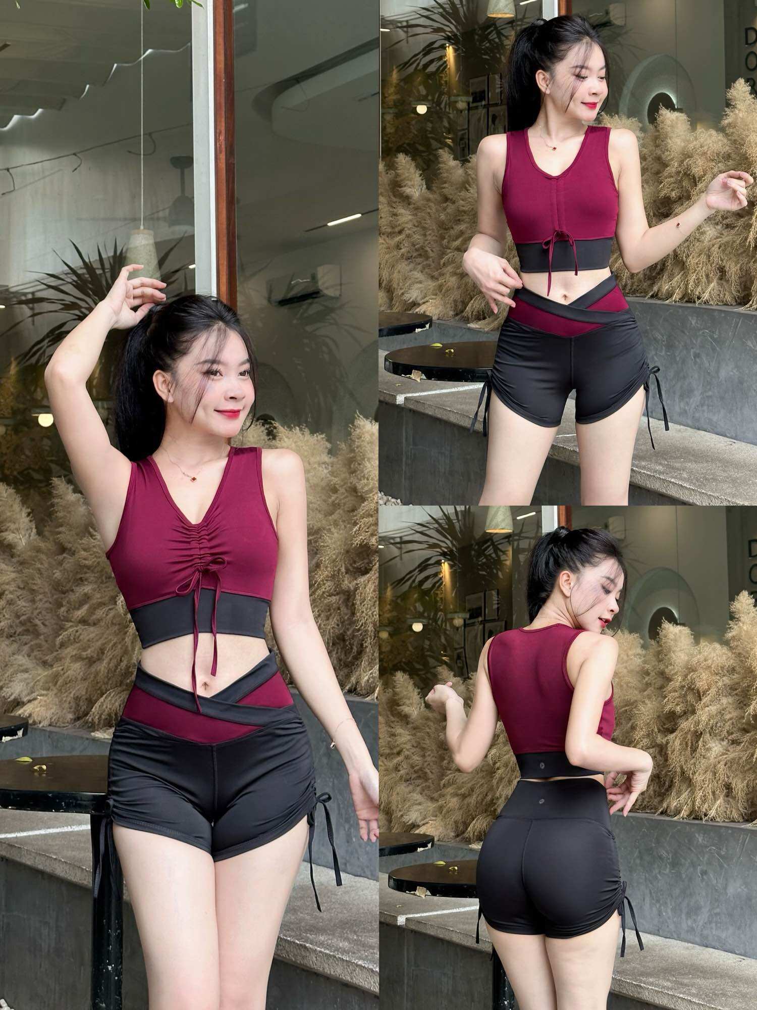 Bộ tập gym, aerobic, dance, yoga nữ cao cấp áo rút ngực phối quần đùi rút dây