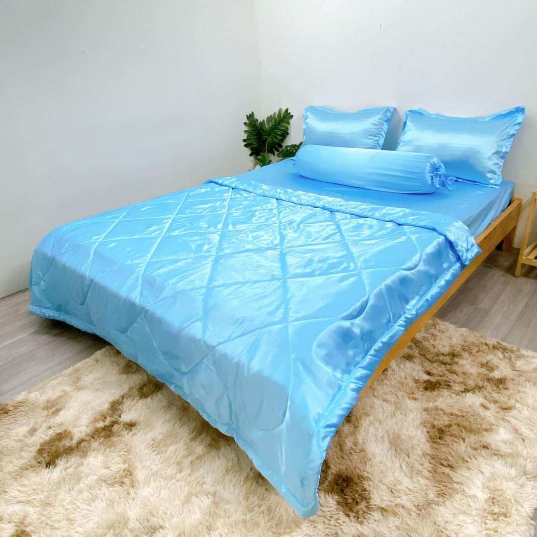 bộ ga phi lụa xanh nhạt 1 ga 3 áo gối