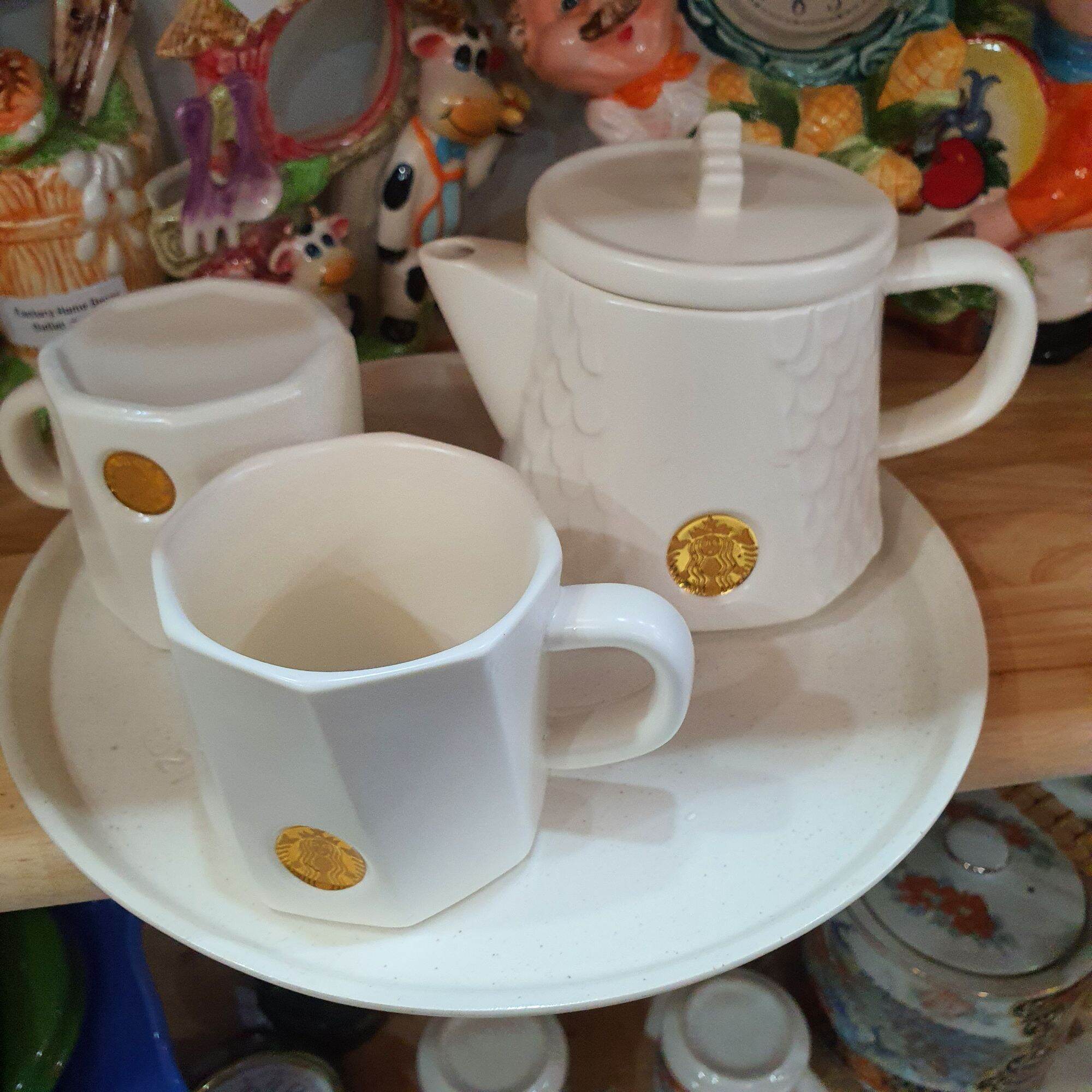 Bộ ly 2 tách một bình và dĩa trắng nhãn hiệu starbucks starbucks teapot cup pot set with lid saucer white