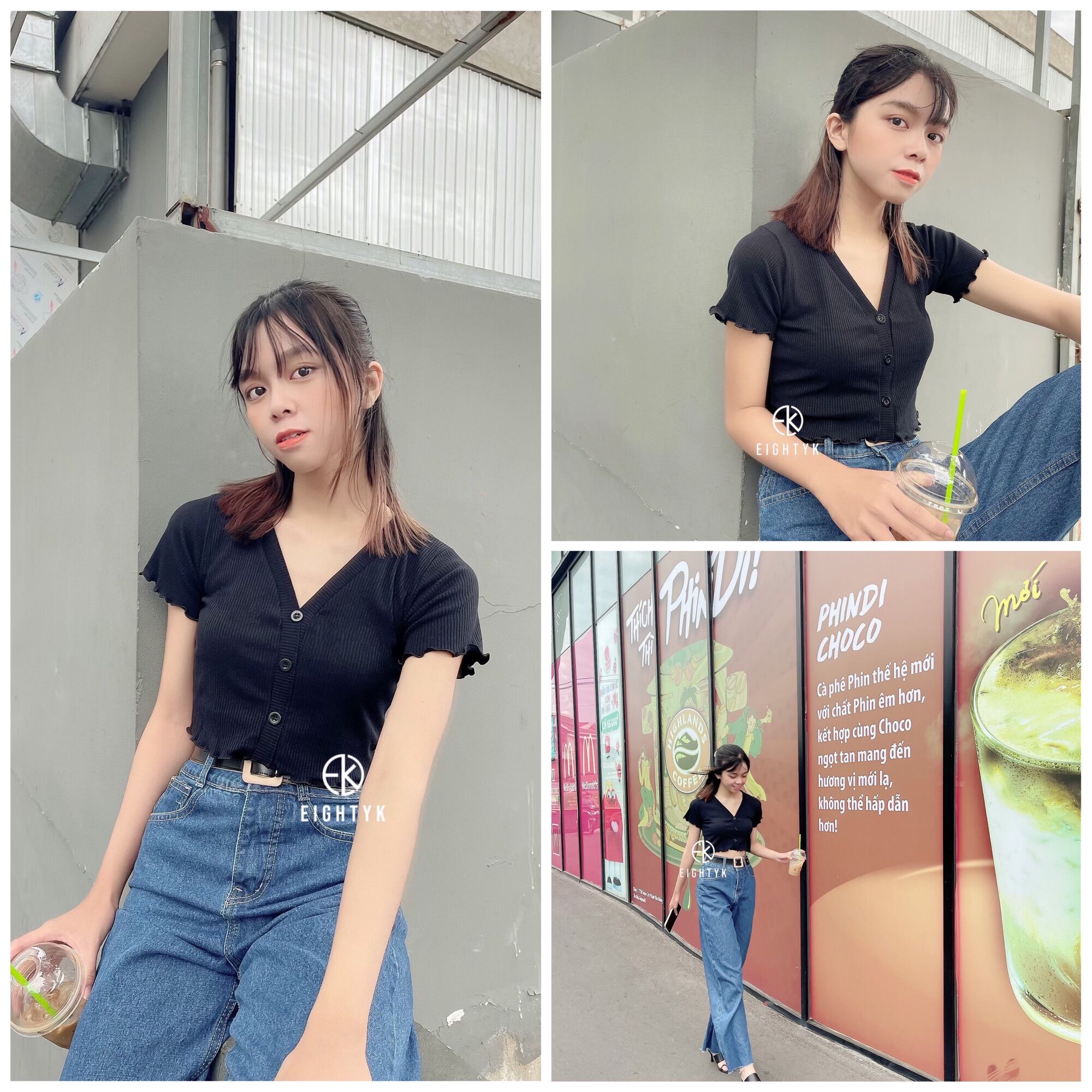 [EIGHTYK] Áo Croptop Tay Ngắn Cổ V Phối Nút