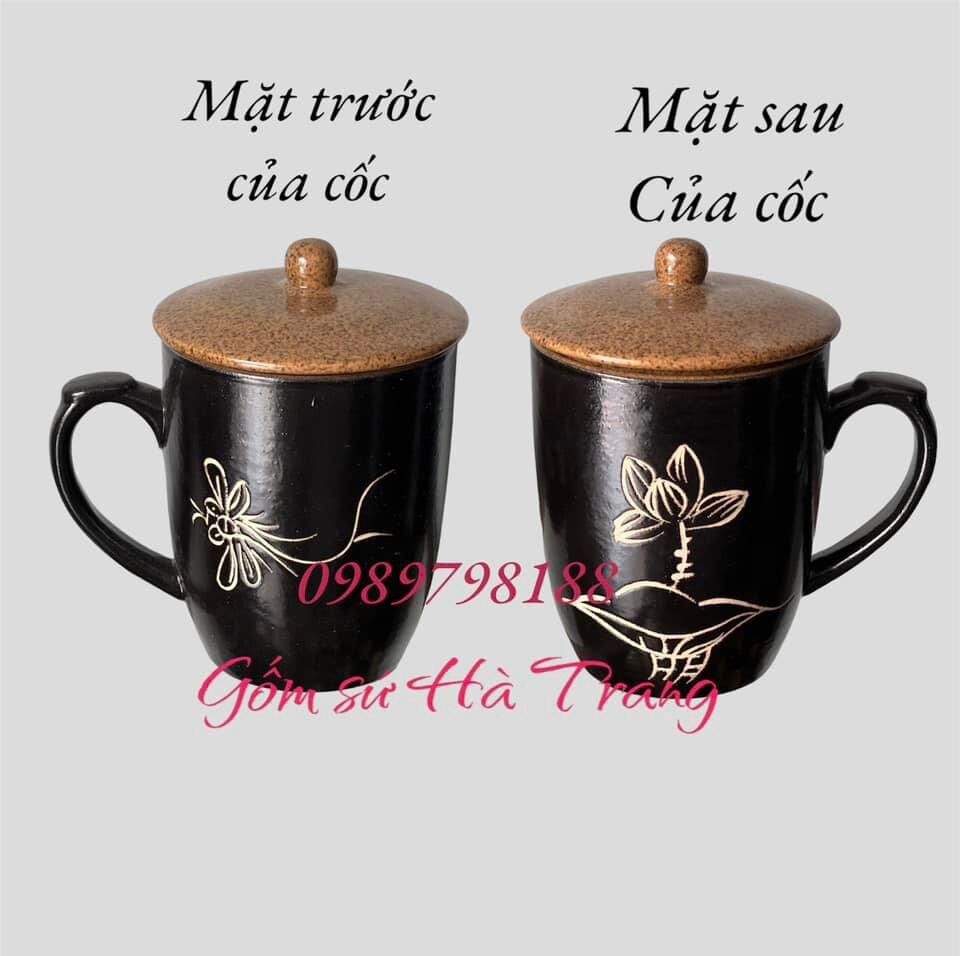 Cốc sứ Bát Tràng dung tích 300ml khắc hoạ tiết chuồn sen