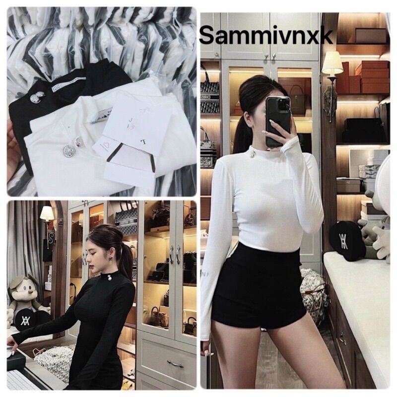Áo thun cổ 3p cúc đồng dài tay nữ Sammivnxk☘️Áo cổ lọ cúc đồng☘️freeship