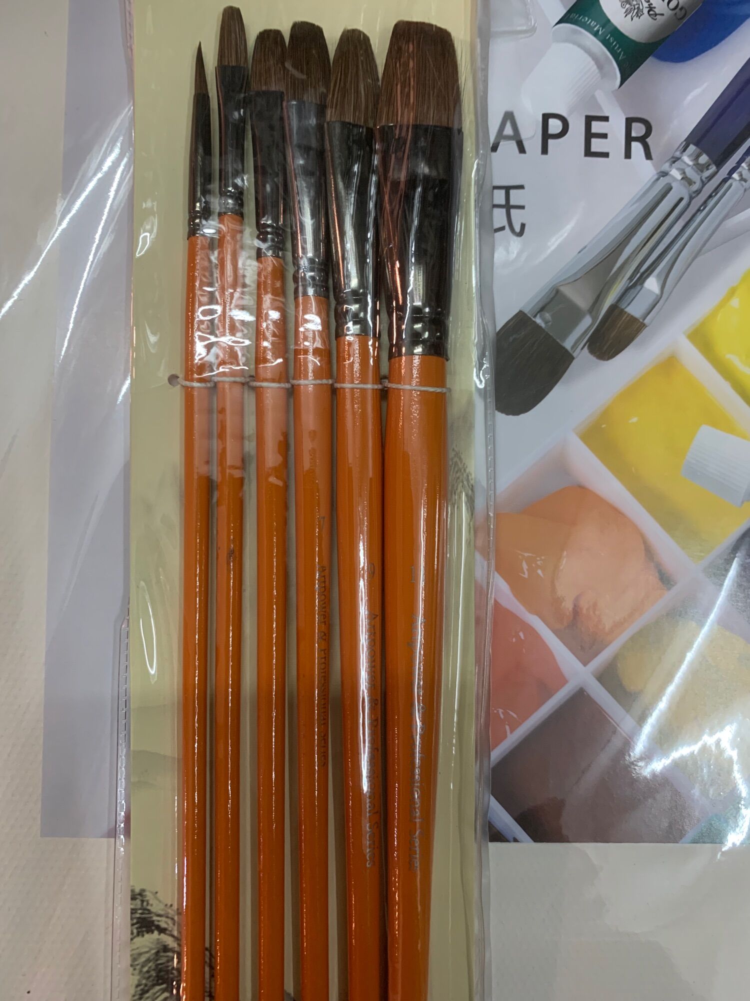 Vỉ cọ vẽ 6 cây lông chồn thân xanh/cam