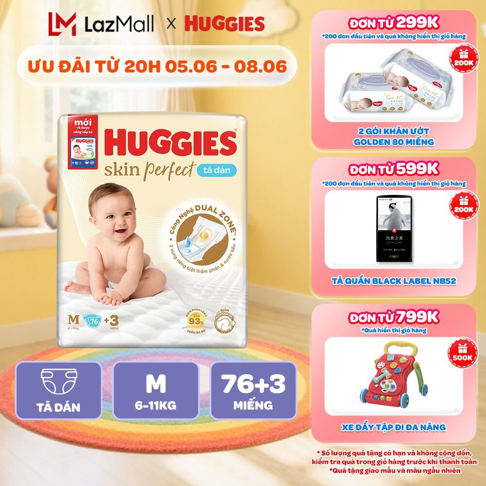 Tã/Bỉm Dán Sơ sinh Huggies Skincare Super Jumbo M76+3/L68/XL60/XXL54 Với 2 Vùng Thấm Giảm Kích Ứng Da