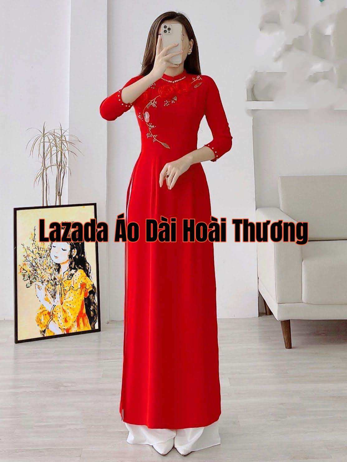 Áo dài cổ 2 cm vải lụa mỹ thêu hoa 3b