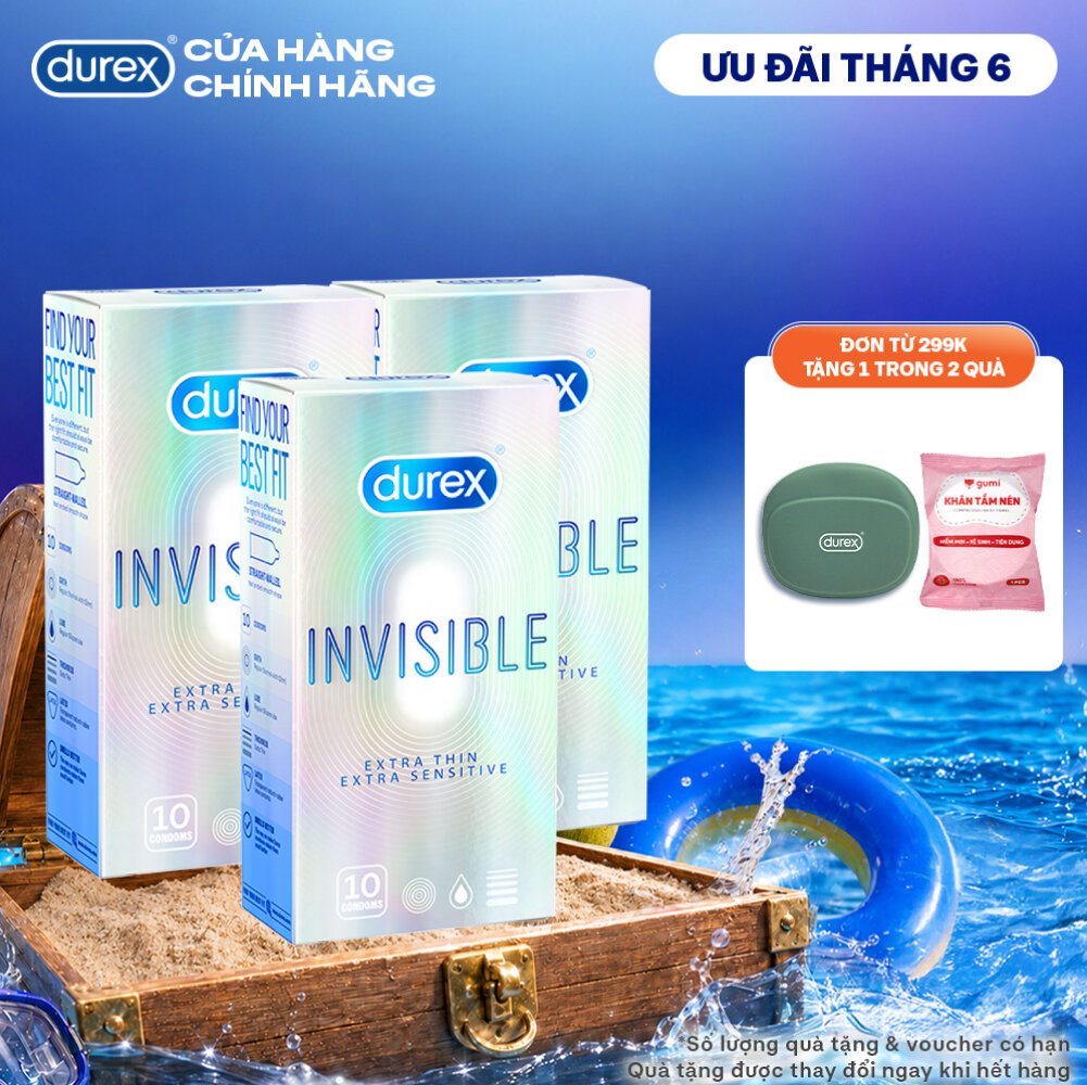 Bộ 3 hộp bao cao su Durex Invisible siêu mỏng, size 52mm, hộp 10 bao