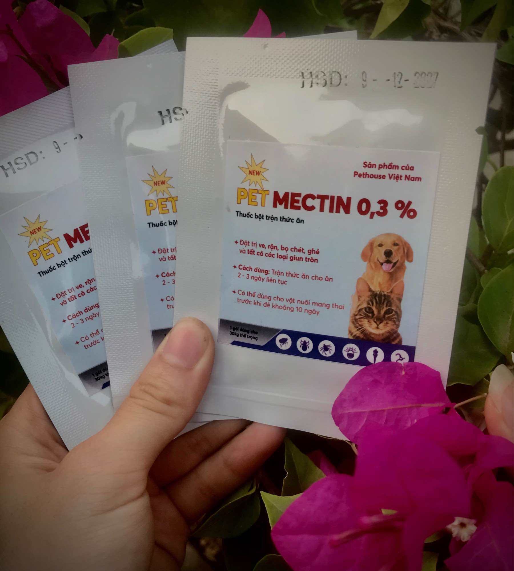 Pet - mectin 3 gói bột trộn thức ăn trị ve rận bọ chét cho chó mèo