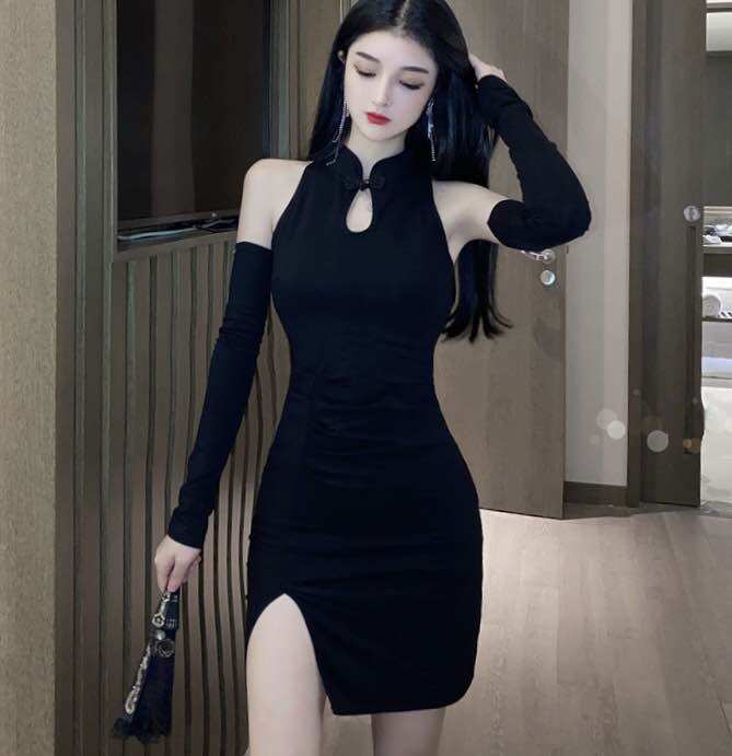 Sườn xám thun đen phong cách hiện đại 40-70 kg