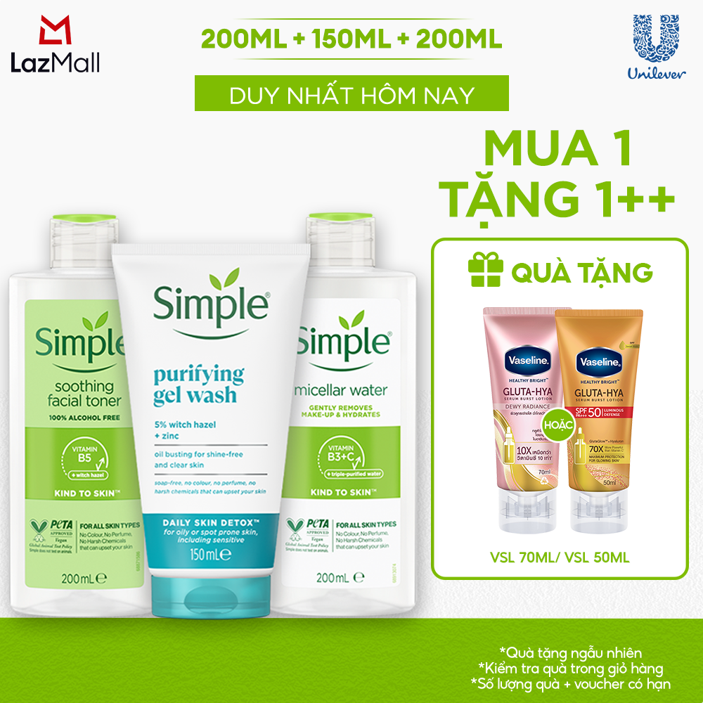 Combo Simple Tẩy trang Micellar 200ml + Sữa rửa mặt 150ml + Nước hoa hồng 200ml ngừa mụn hiệu quả [CHÍNH HÃNG ĐỘC QUYỀN]