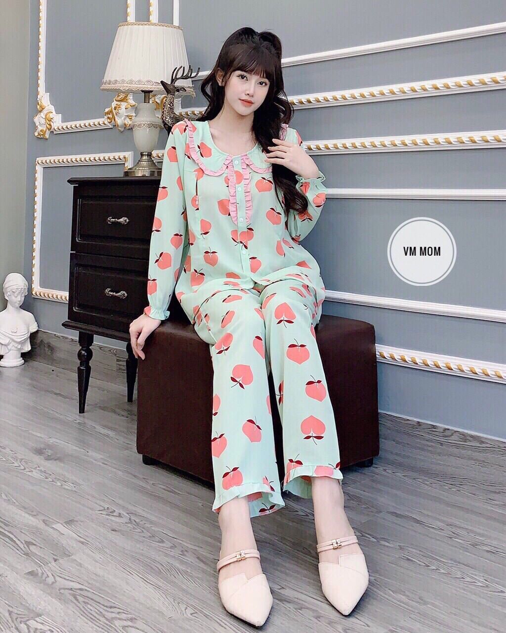 Đồ bộ bà bầu dài tay thu đông mặc nhà chất Lụa Mango kiểu Pijama đẹp giá rẻ DTmango