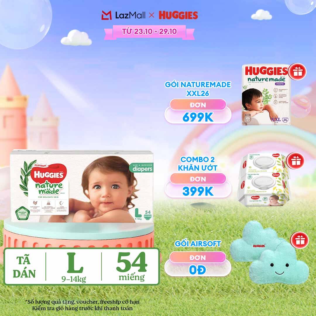 [CHỈ 23-29.10 QT Đơn 399K]Tã/Bỉm dán HUGGIES PLATINUM NatureMade L54 (9-14kg)-Gói Jumbo 54 miếng