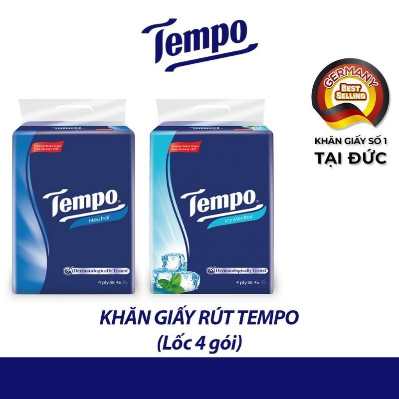 (Lôc 4 gói) Khăn giấy Tempo gói rút hương bạc hà, không mùi( chính hãng)
