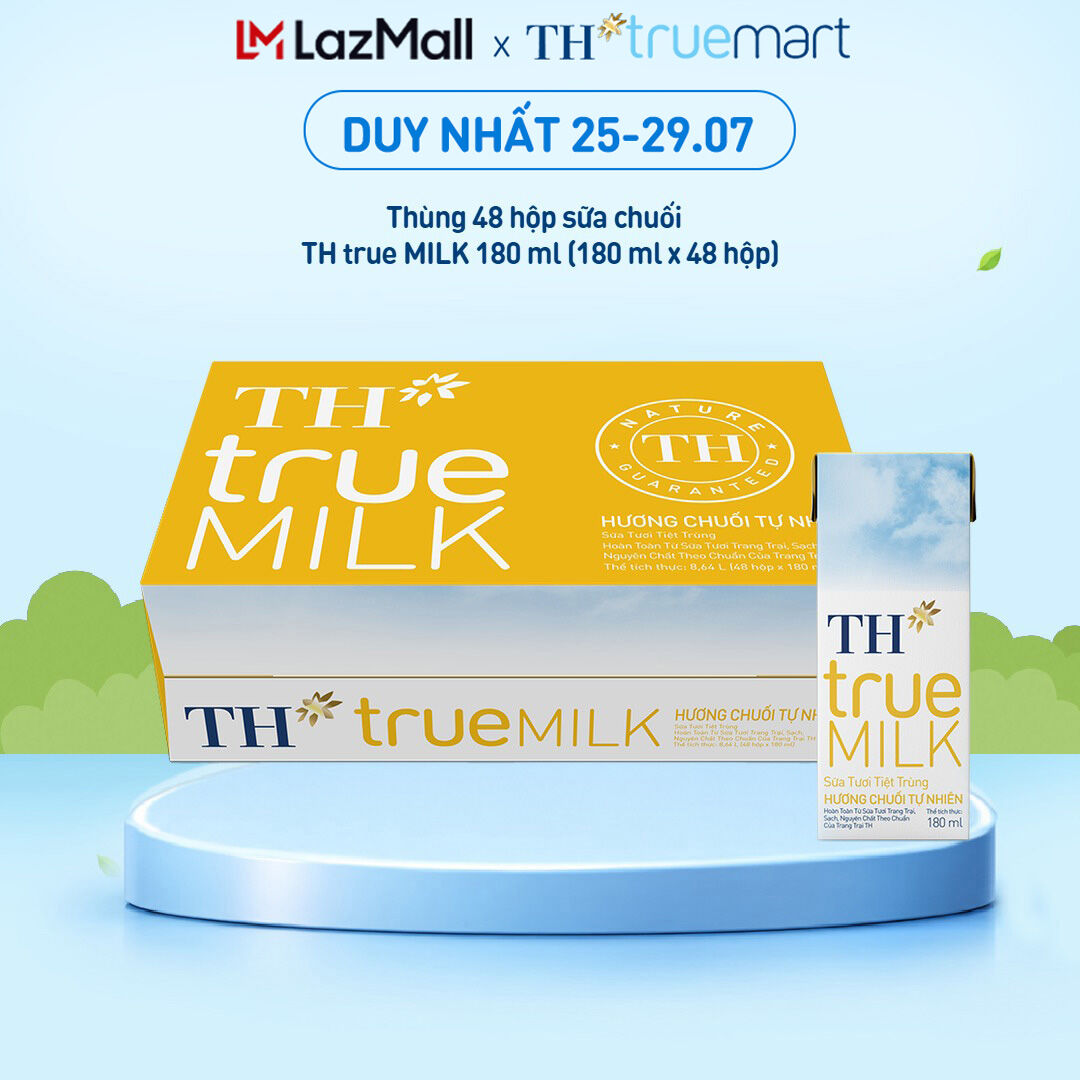 Thùng 48 hộp sữa tươi tiệt trùng TH true MILK hương chuối 180 ml (180 ml x 48)