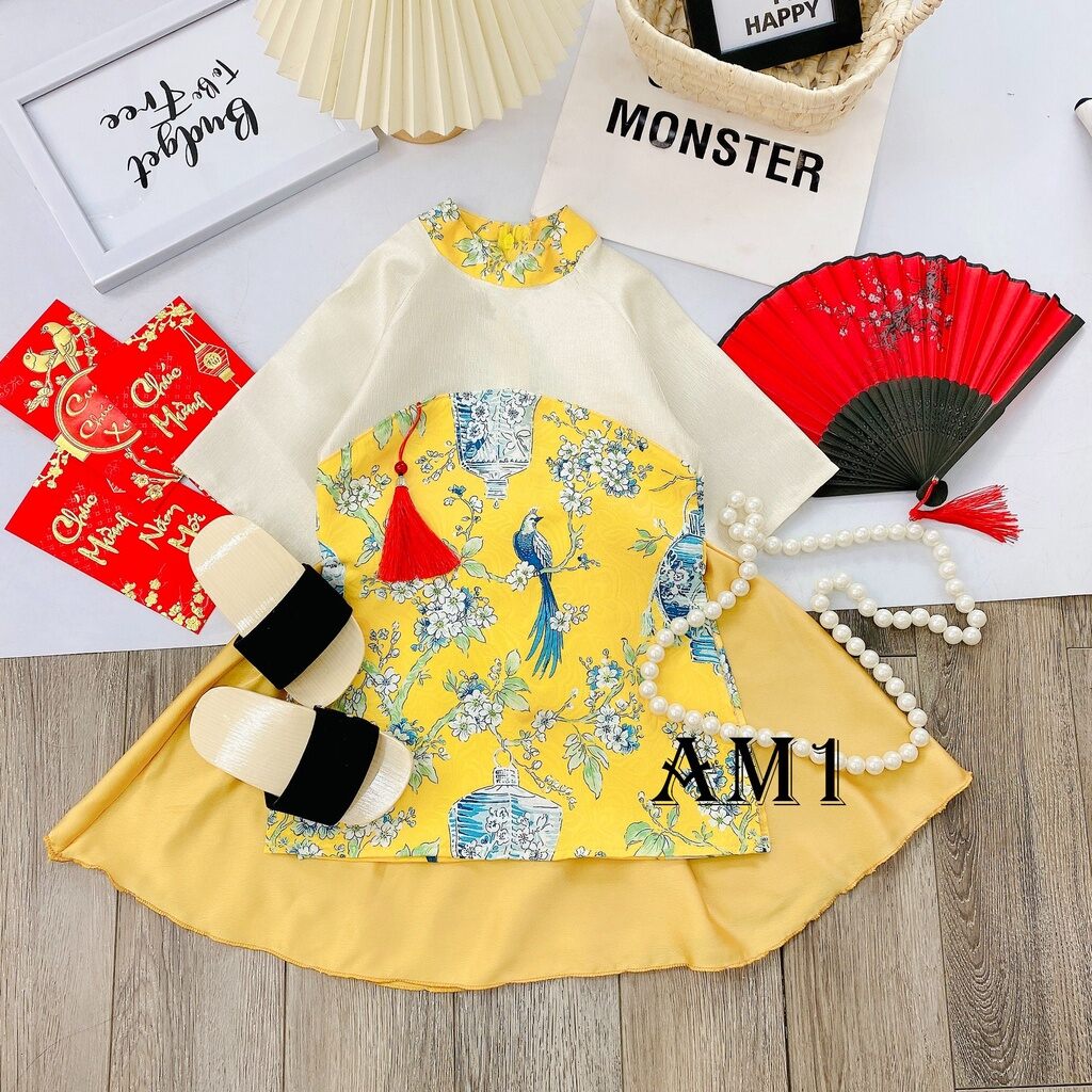U1-Set áo dài cách tân gấm lụa bé gái 9-20kg