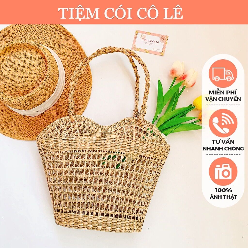 Làn cói tim đan thưa, túi xách đi biển phụ kiện decor chụp ảnh lookbook - tiệm cói cô lê