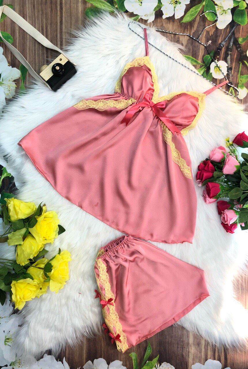 [HCM]Đồ ngủ lụa satin phối viền ren sexy
