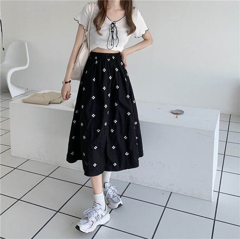 Váy Dài Đến Giữa Bắp Chân Màu Trắng Cho Nữ Mùa Xuân Thu Mới Họa Tiết Hoa Cạp Cao Dáng Chữ a Váy Dài 