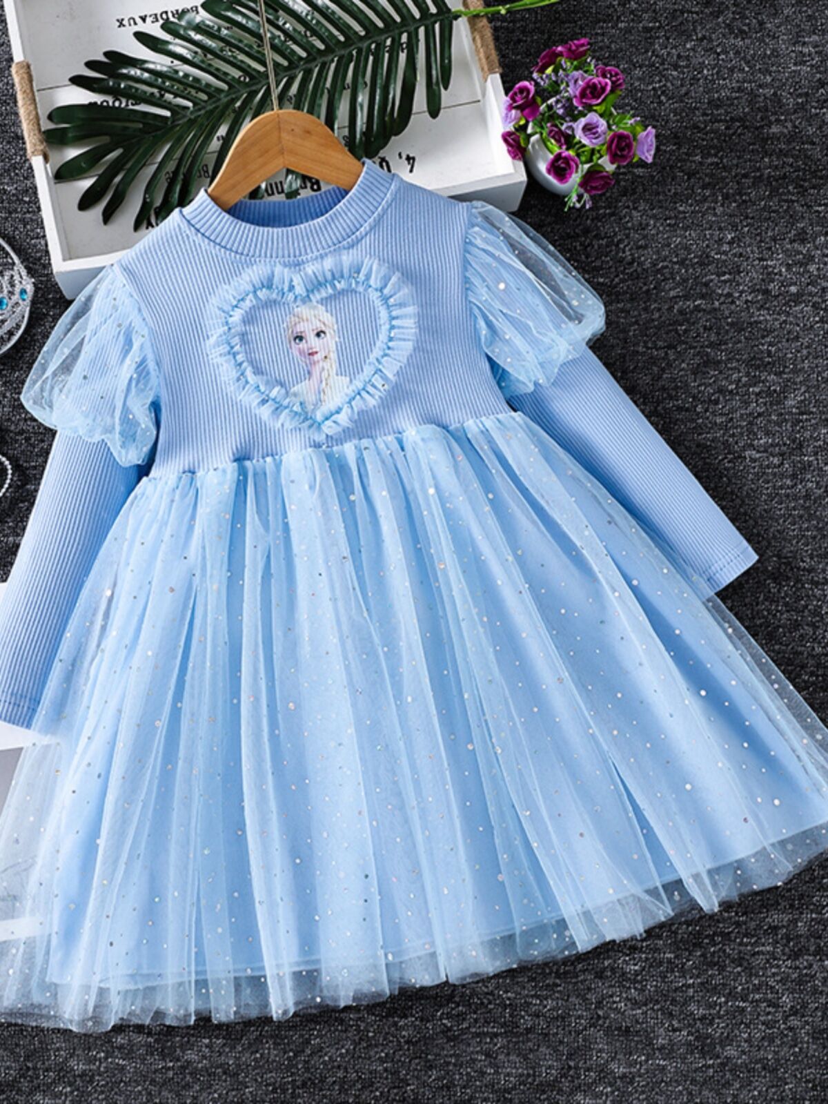 Váy Công Chúa Tay Dài Mùa Thu Cho Bé Gái Váy Lưới Cotton Pha Trộn Váy Công Chúa Elsa Frozen Ice Prin