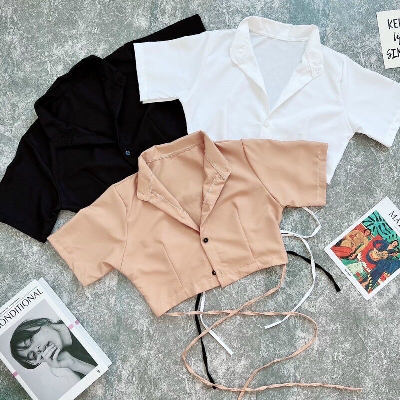 Áo sơ mi croptop kèm dây buộc eo cá tính