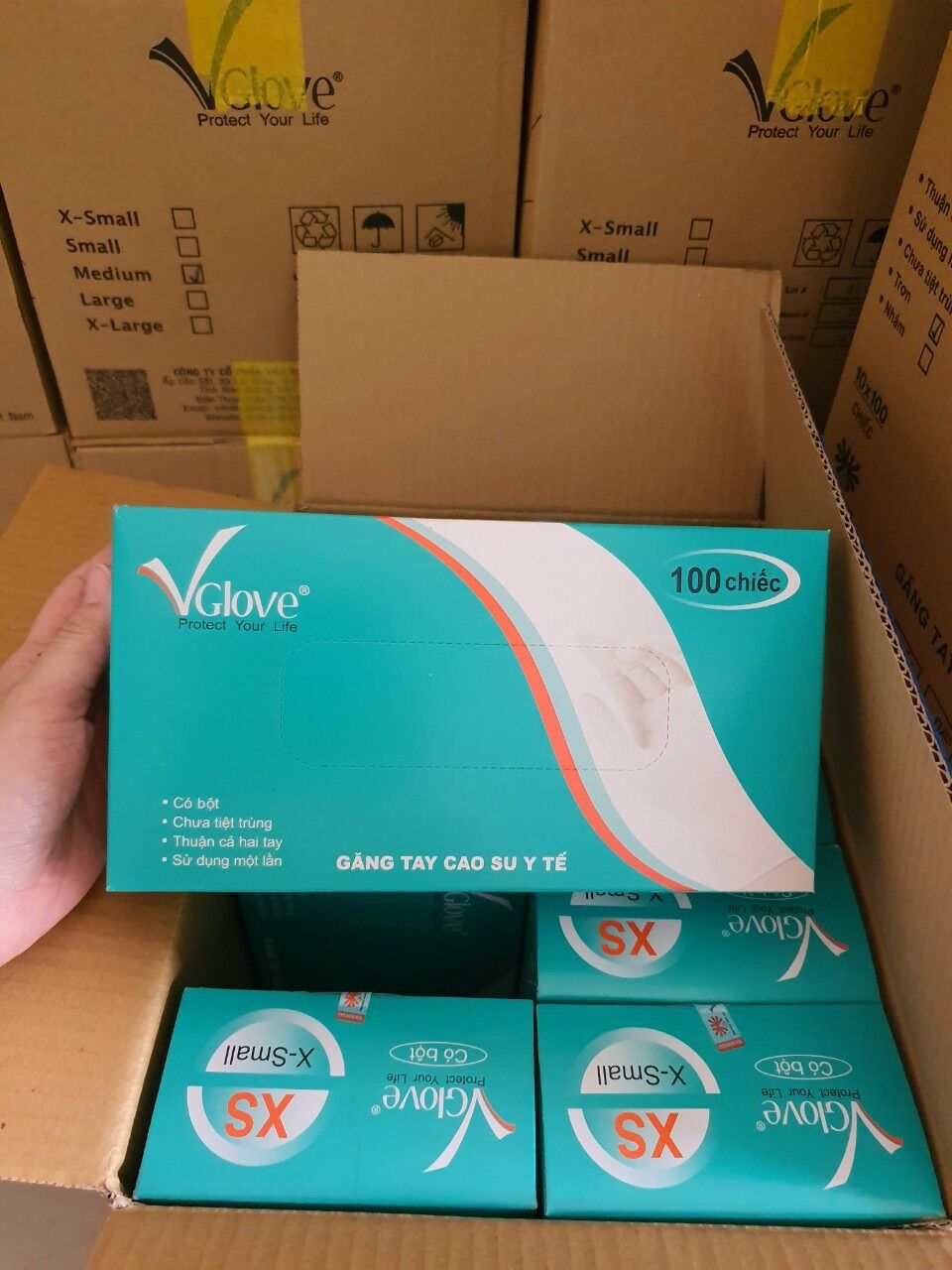 Găng tay cao su y tế Vglove có bột size XS,S,M