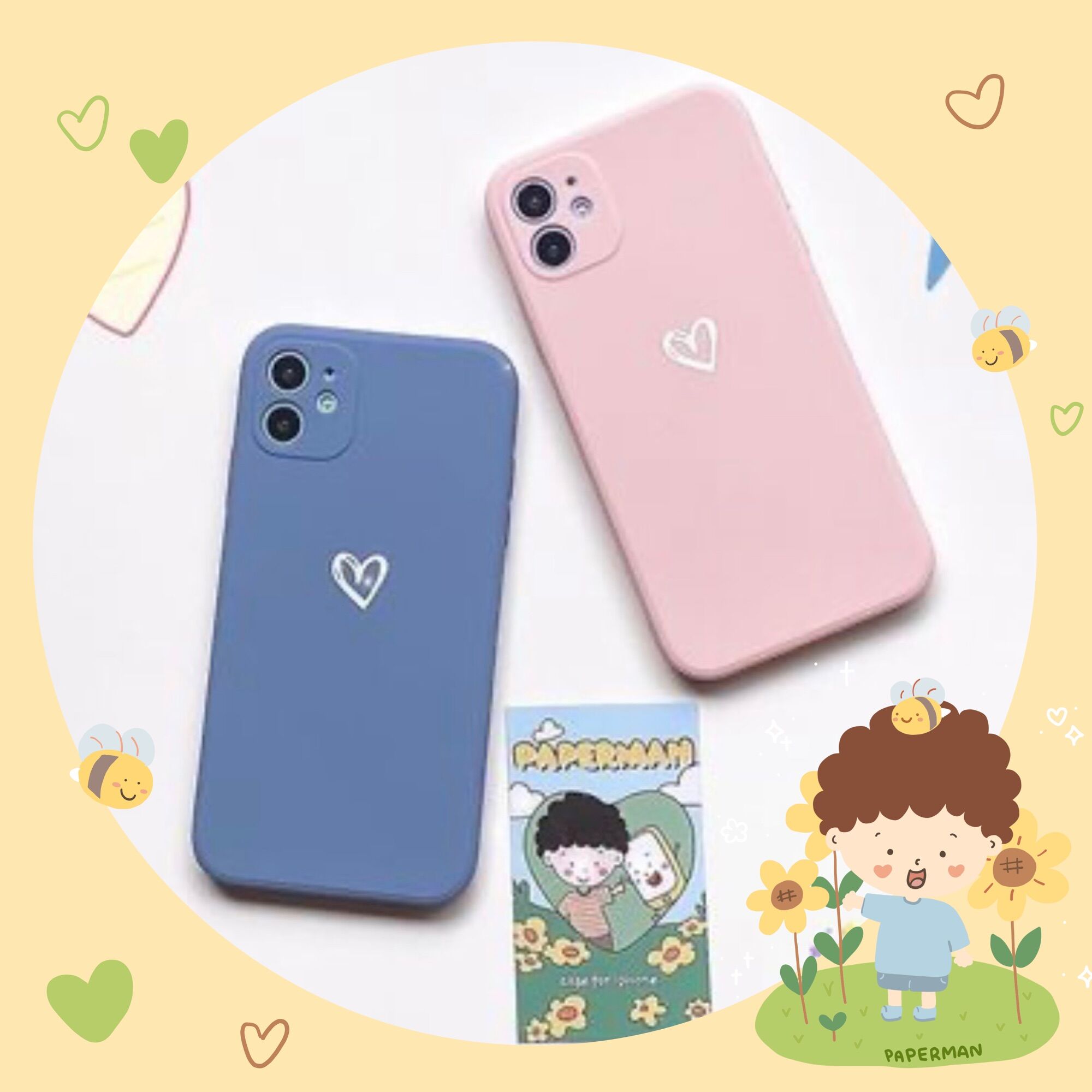 Ốp lưng Iphone Full viền Tim Xanh / Hồng