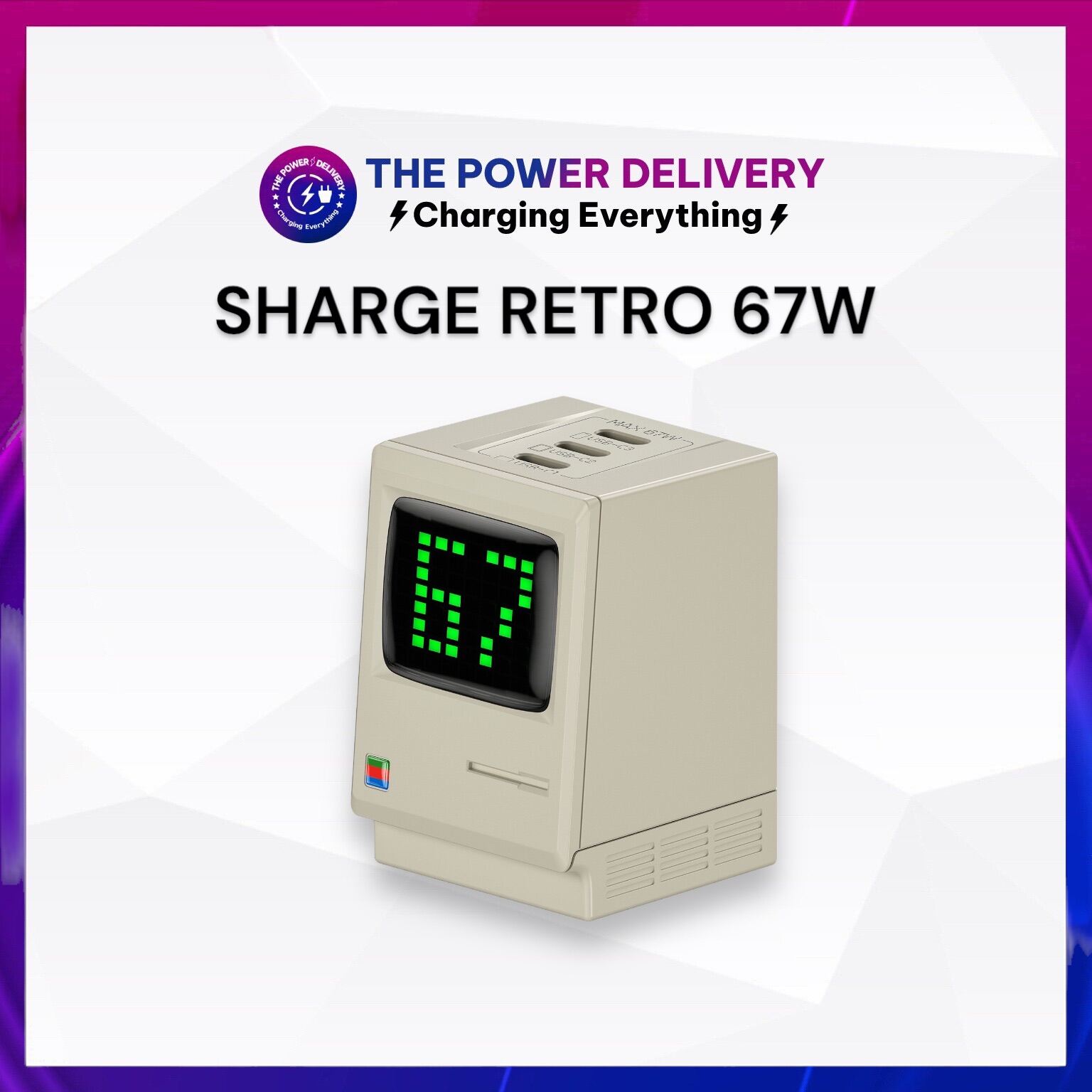 Củ sạc nhanh Sharge Retro 67W hiển thị LED công suất với 3 Type C hỗ trợ PD/PPS, chân gập...