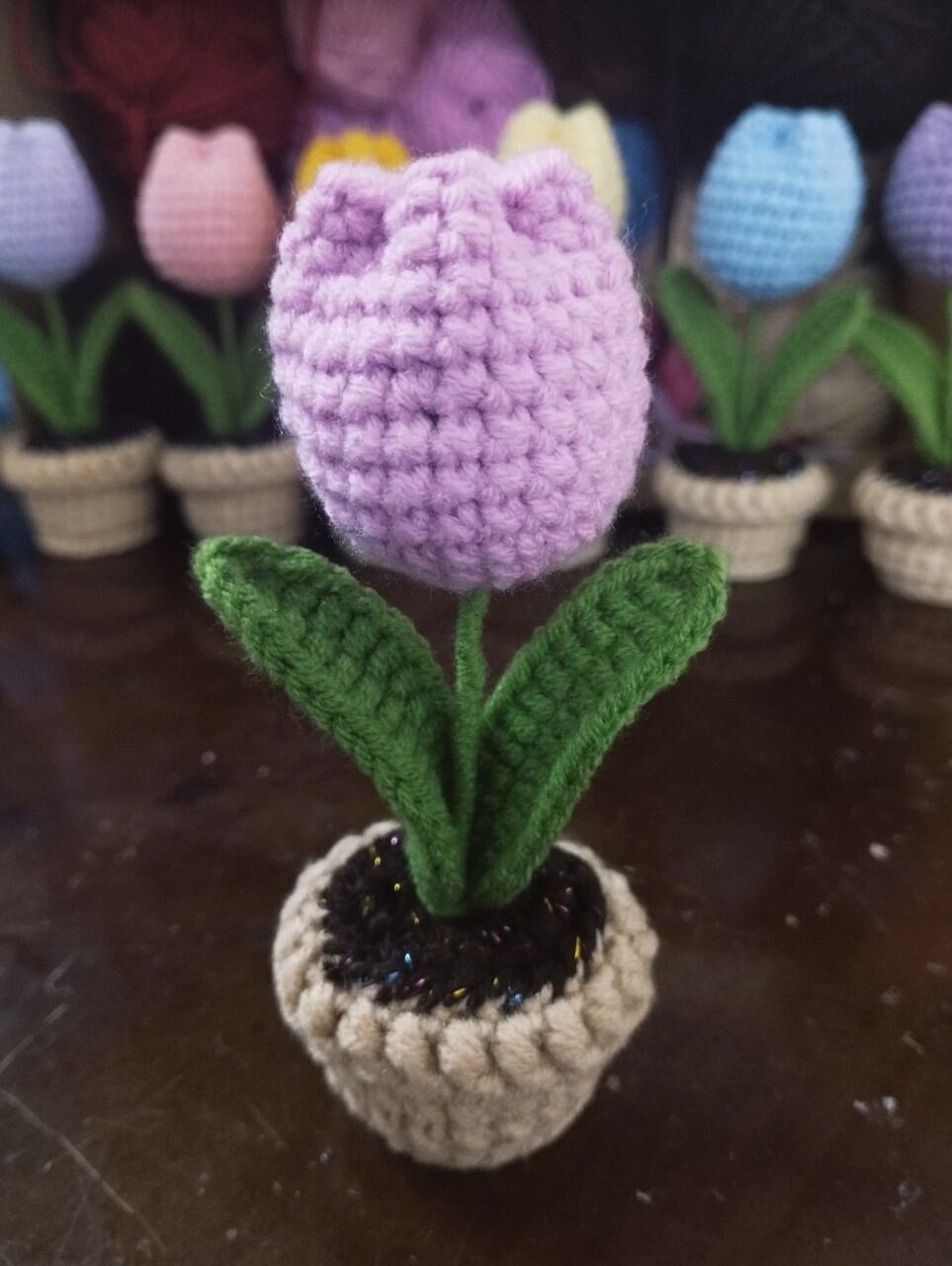 Chậu hoa tulip mini bằng len handmade