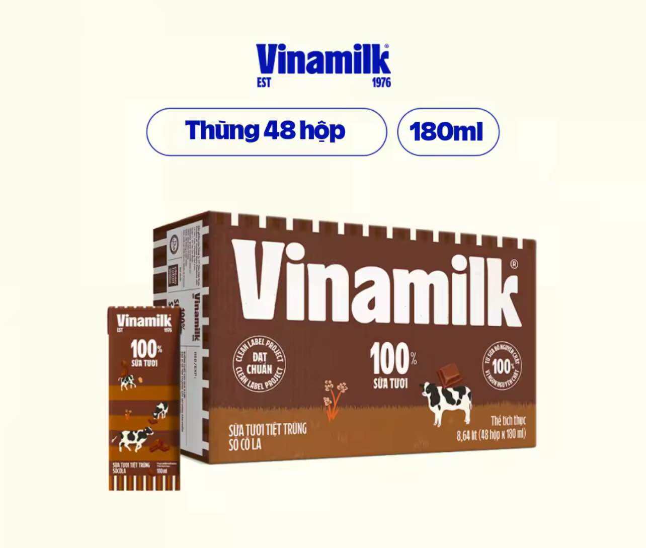 Thùng 48 Hộp Sữa tươi tiệt trùng Vinamilk 100% Socola 180ml