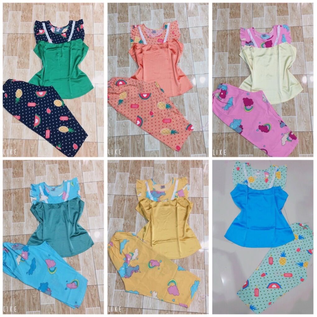 47-75KG Đồ bộ mặc nhà NỮ vải lụa áo màu phối quần bông mặc rất mát bền đẹp