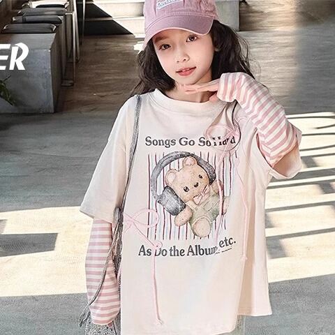Spring Autumn Faux Two-Piece T-Shirt for Girls - 6