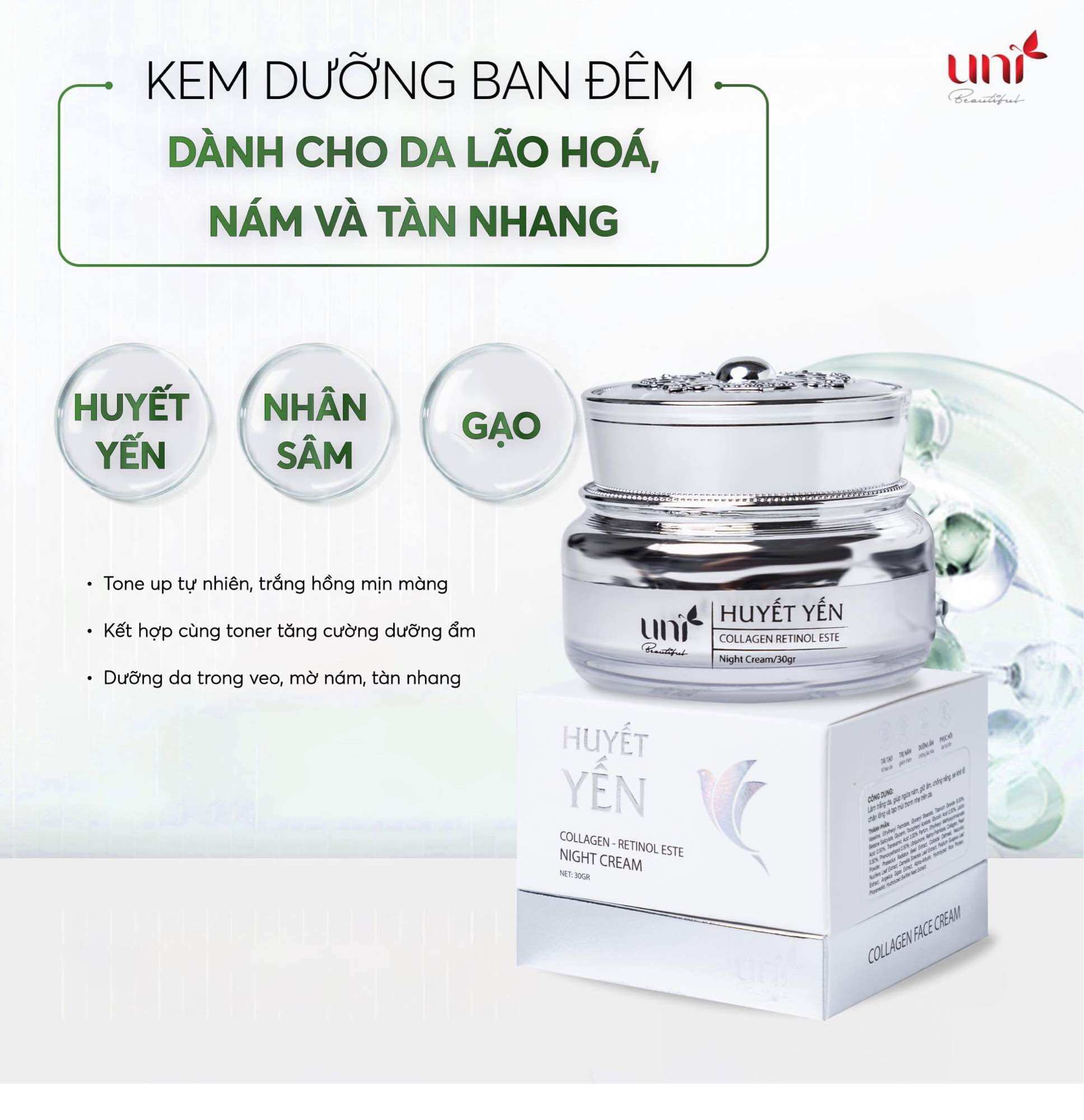 Kem face đêm huyết yến size lớn 30g Uni Beautiful
