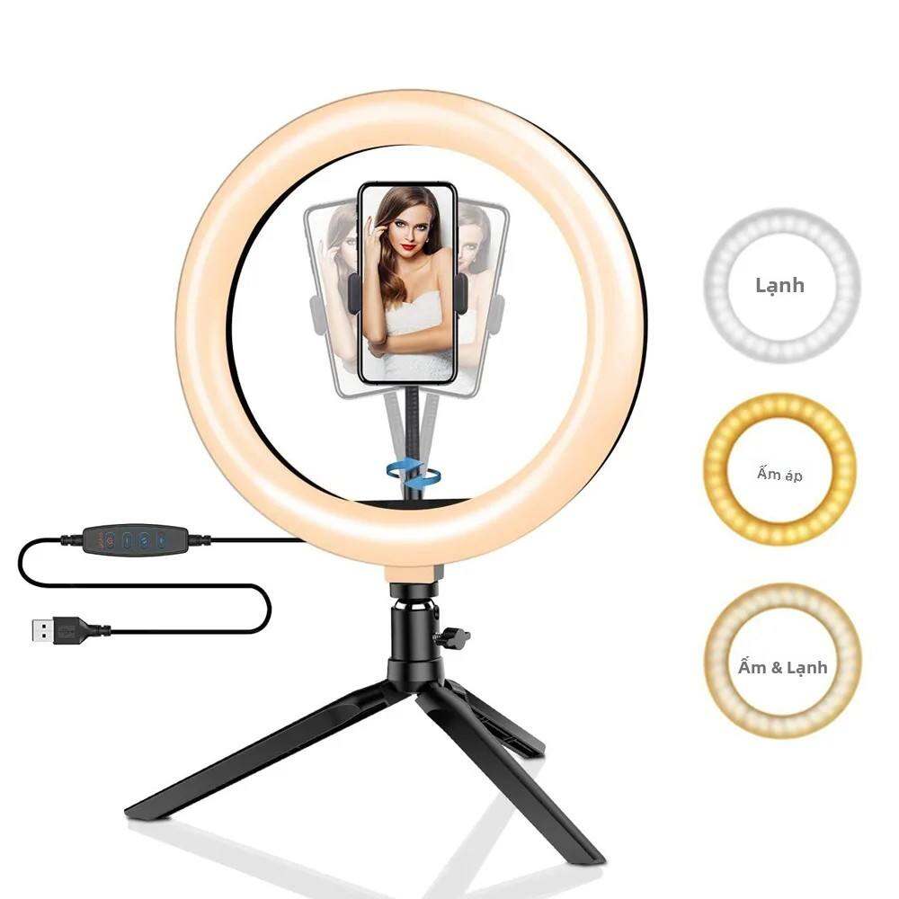 Bộ Đèn Selfie LED Tròn 26cm 10 Inch, Có Thể Điều Chỉnh Độ Sáng, Kèm Chân Máy, Sạc USB, 120 Bóng Đèn, Dùng Cho Quay Video Trực Tiếp