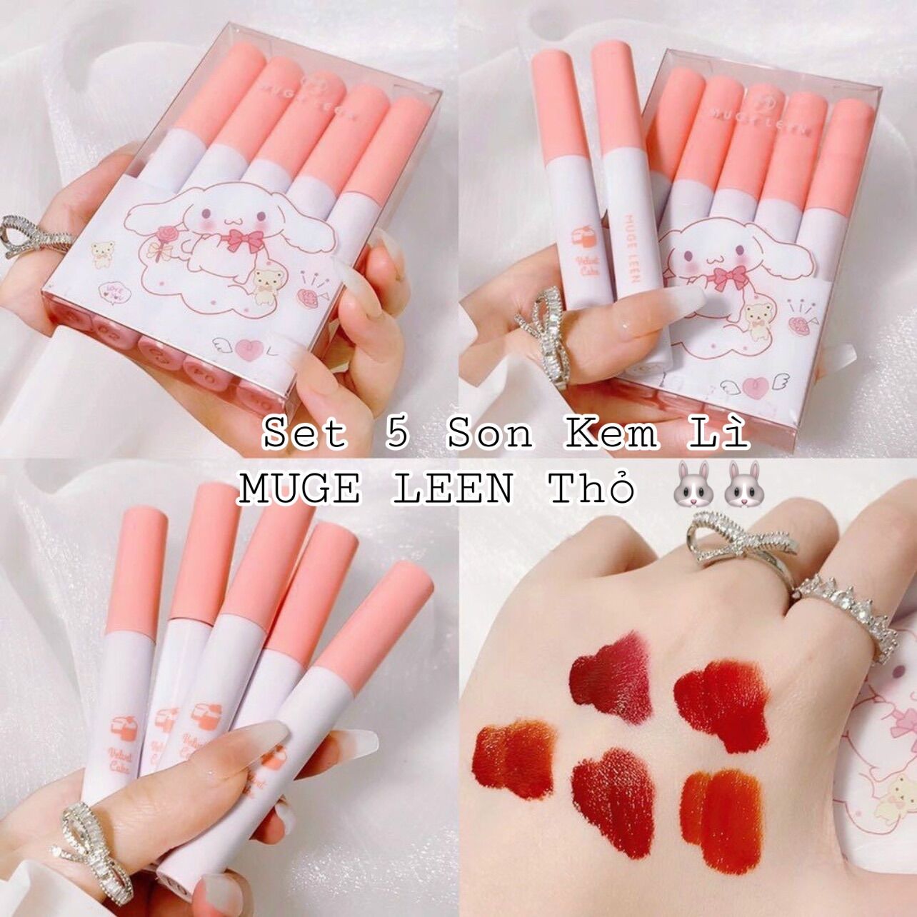 Set 5 son kem lì muge leen thỏ chính hãng - set 5 son vongee chocolate - set 5 son vongee thỏ xám - set 5 son danmolu doraemon - set 4 son vongee gấu - set 5 son magic casa phô mai vàng - set 6 son gấu trúc magic casa - set 3 son thỏ đen magic casa